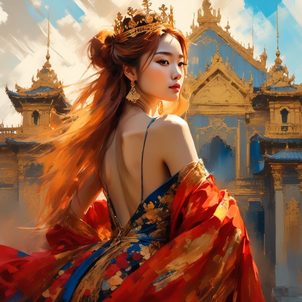 Asian Queen in Palace: Impressionist Oil Painting