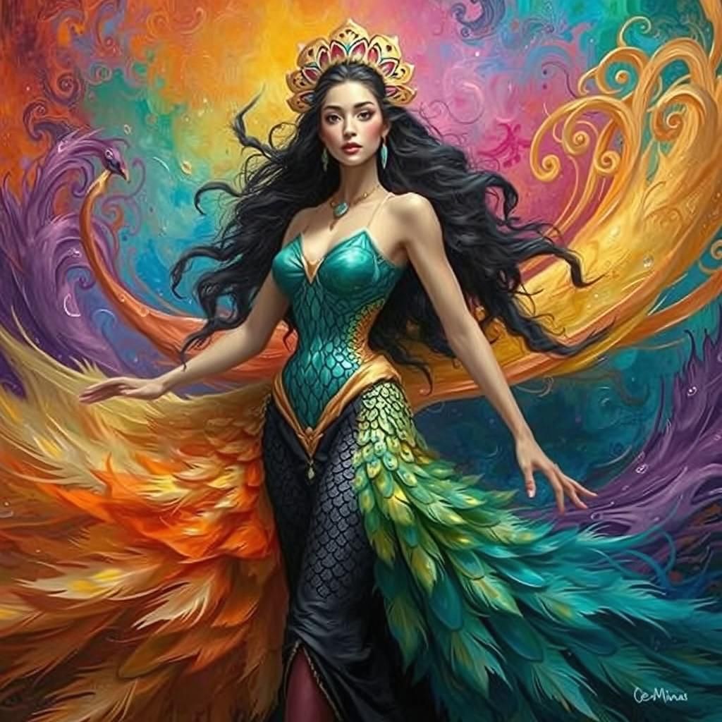 Dragon-Peacock Woman in Abstract Expressionism Style