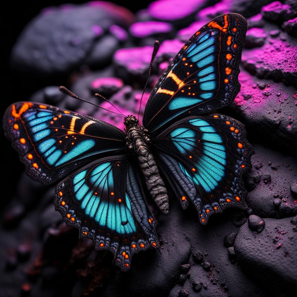 Fluorescent Butterfly on Lava Rock: Macro Photography