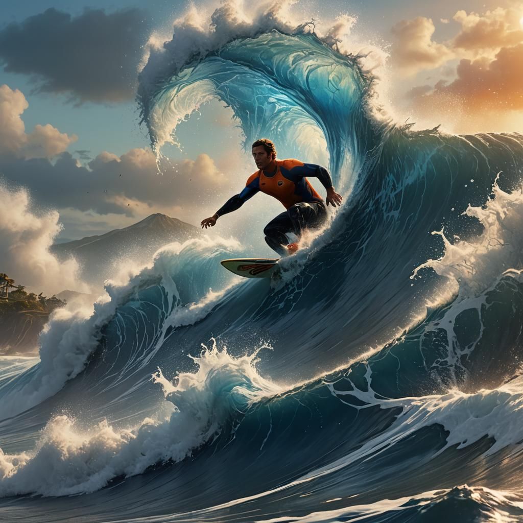 Surfer Rides Tsunami Wave in Fantasy Concept Art
