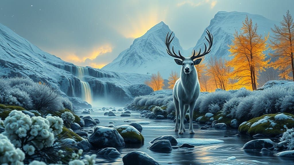 Surreal Monochromatic Dreamscape with Glowing Waterfalls and...
