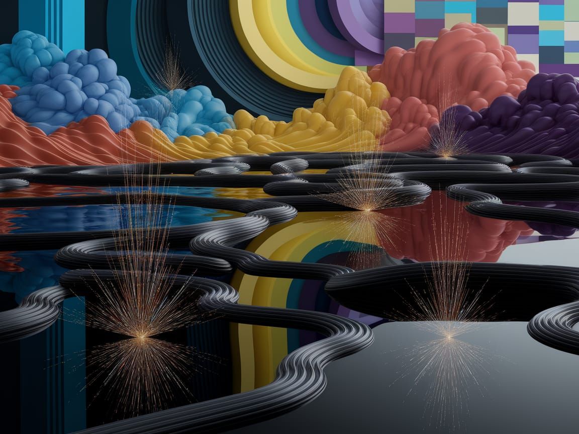 Surreal Landscape with Iridescent Sparks and Mosaics