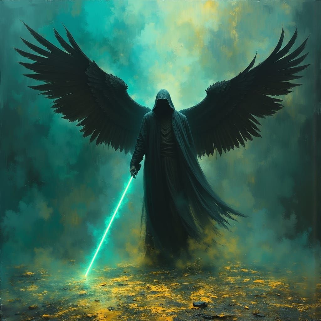 Mysterious Winged Figure with Lightsaber in Dramatic Storm