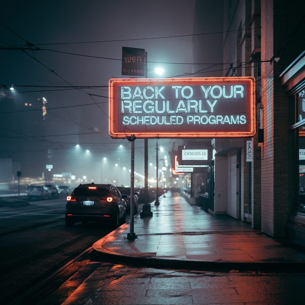 Foggy City Street at Night with Neon Sign