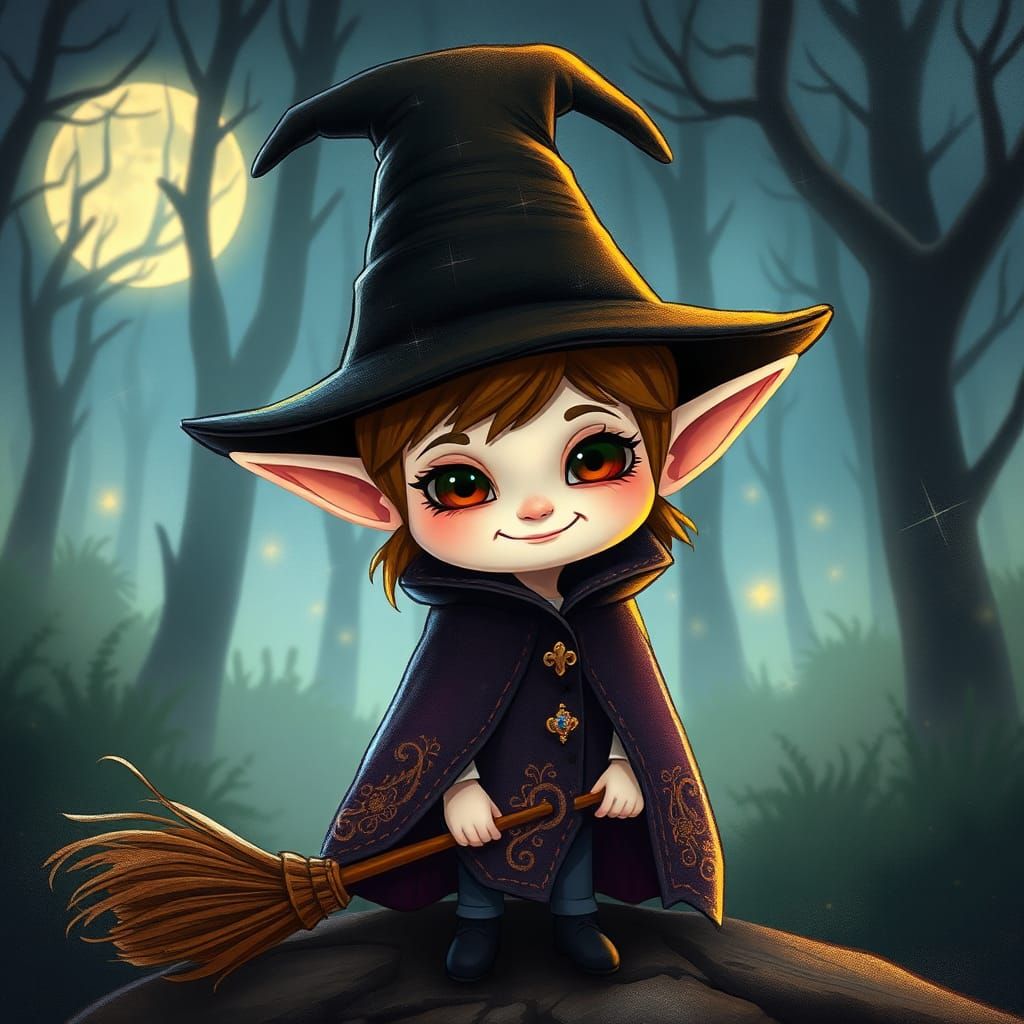 Whimsical Elf Witch in Moonlit Forest