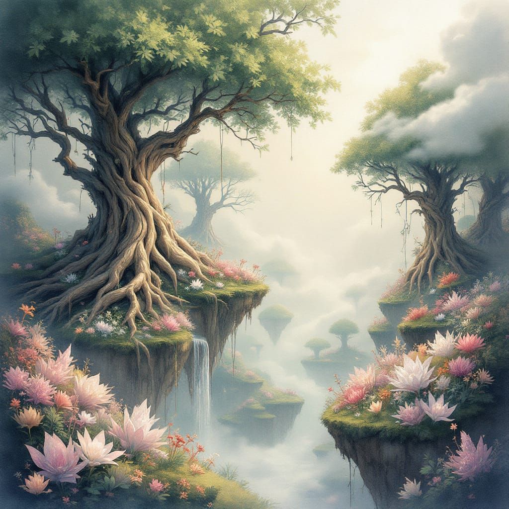 Ethereal Ink Wash Painting of Upside Down Trees and Upward R...