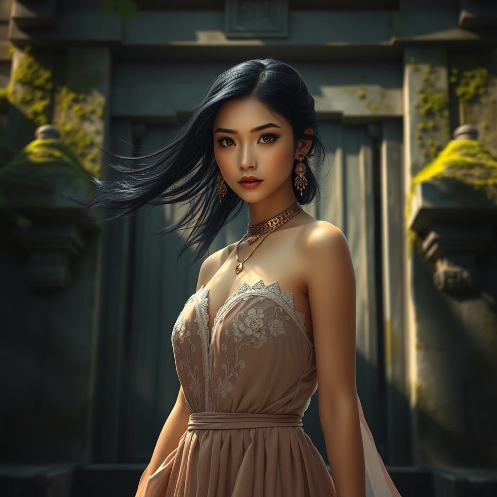 Japanese Woman at Ancient Temple Entrance