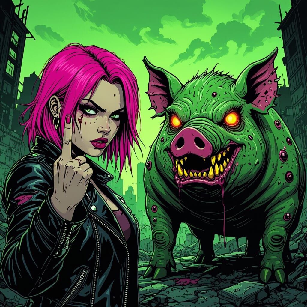 Pink-Haired Woman Flips Off Mutated Pig in Post-Apocalyptic ...