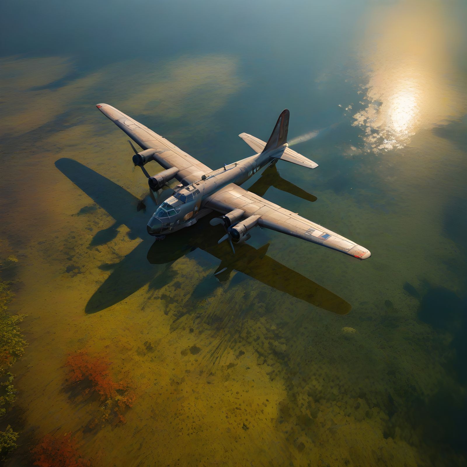 Surreal Aerial View of WW II Bomber Submerged in Clear Lake