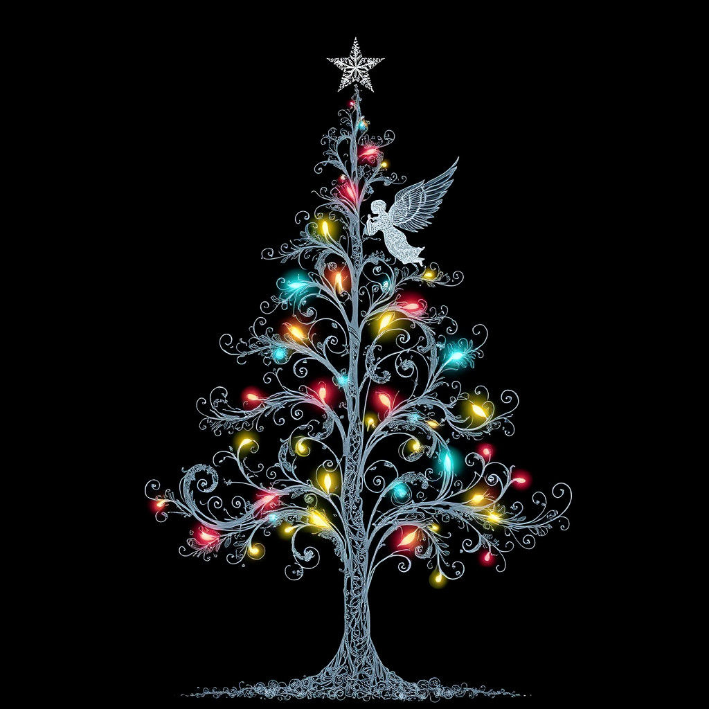 Ethereal Christmas Tree Silhouette with Angel in Vector Styl...
