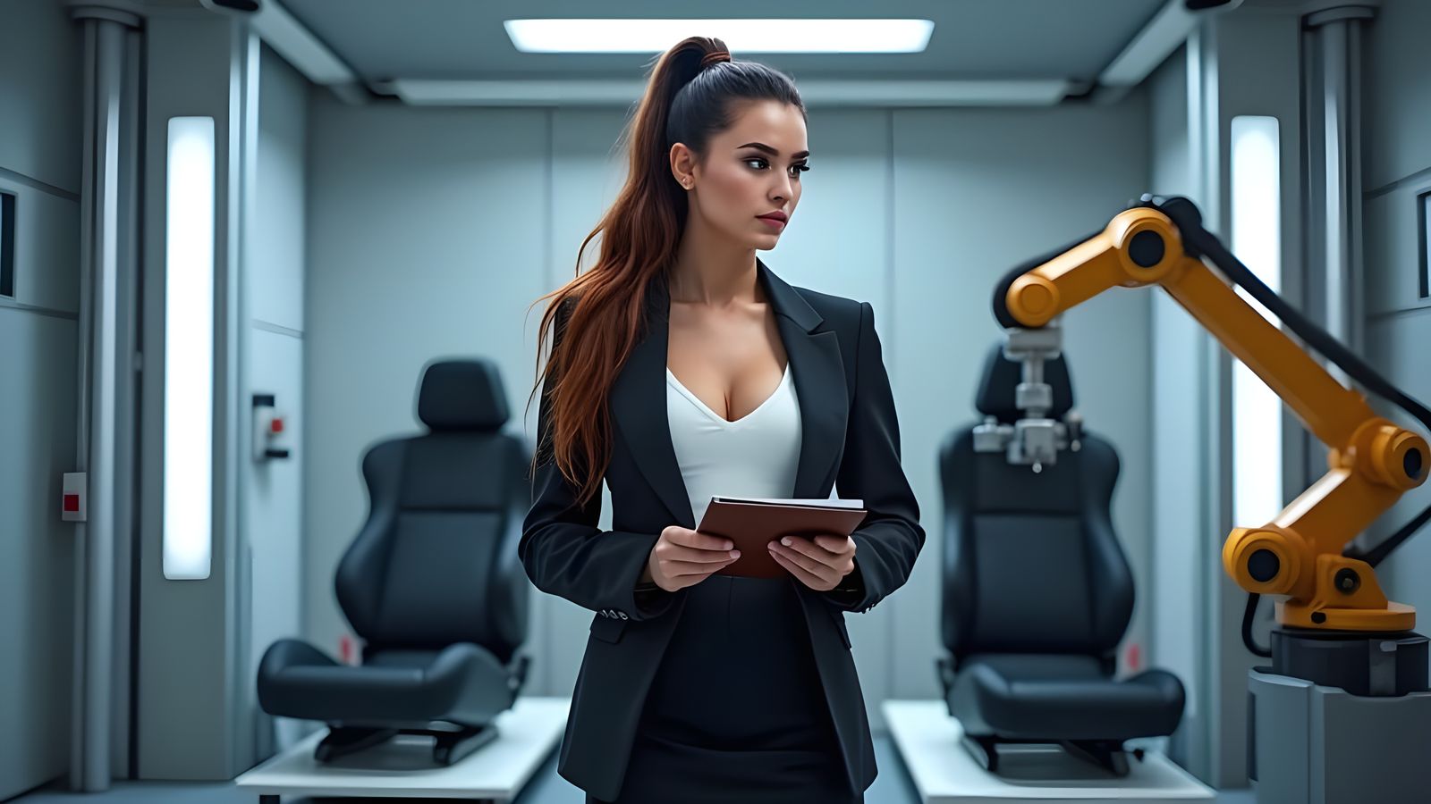 Fitness Female in High-Tech Automotive Laboratory