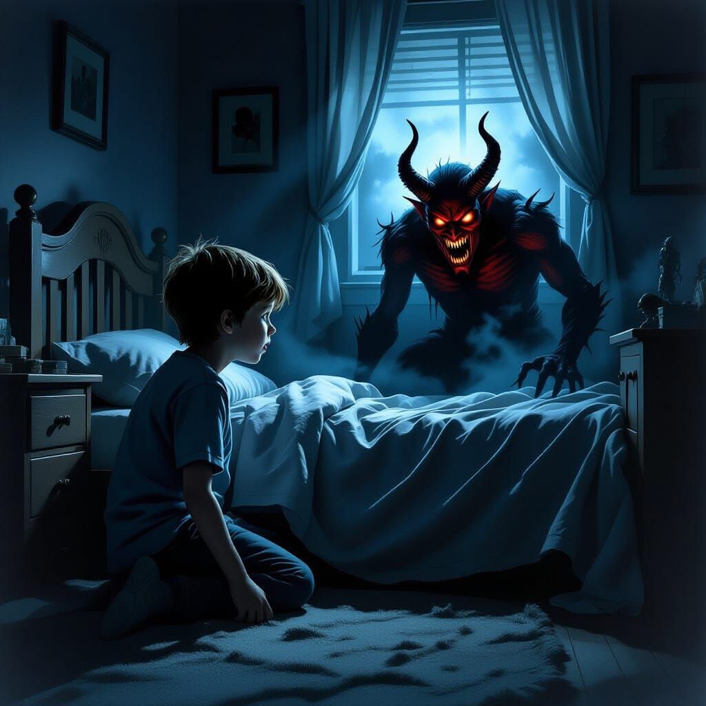 Boy's Fear: Demon Under Bed in Dark Fantasy Style