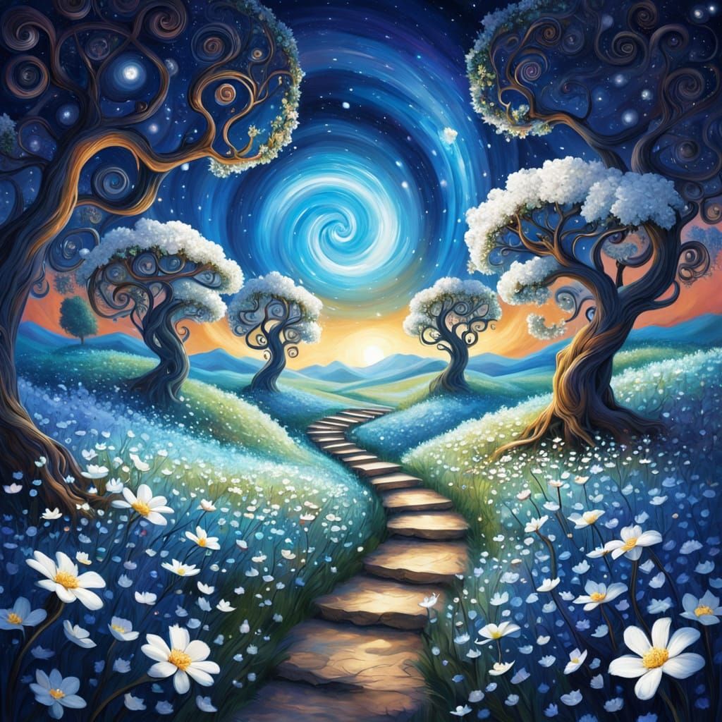 Whimsical Spiral Trees in Blue Fields, Fantasy Art