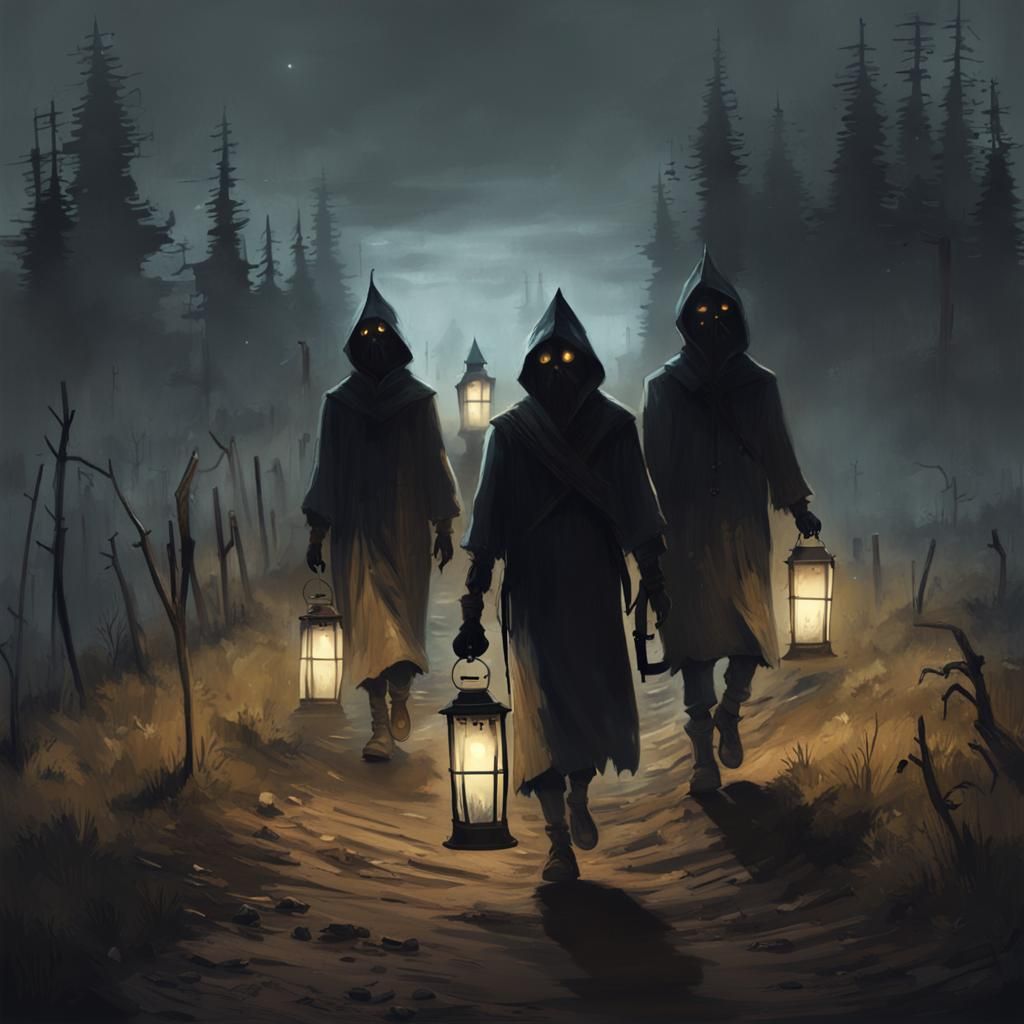 Eerie Spirits Wander Dark Fantasy Road: Horror Concept Art