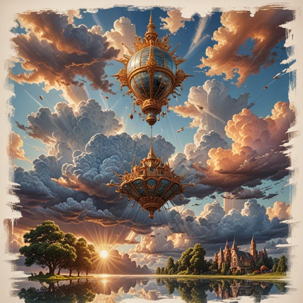 Surrealistic Sky Masterpiece with Whimsical Sunbeams and Mir...