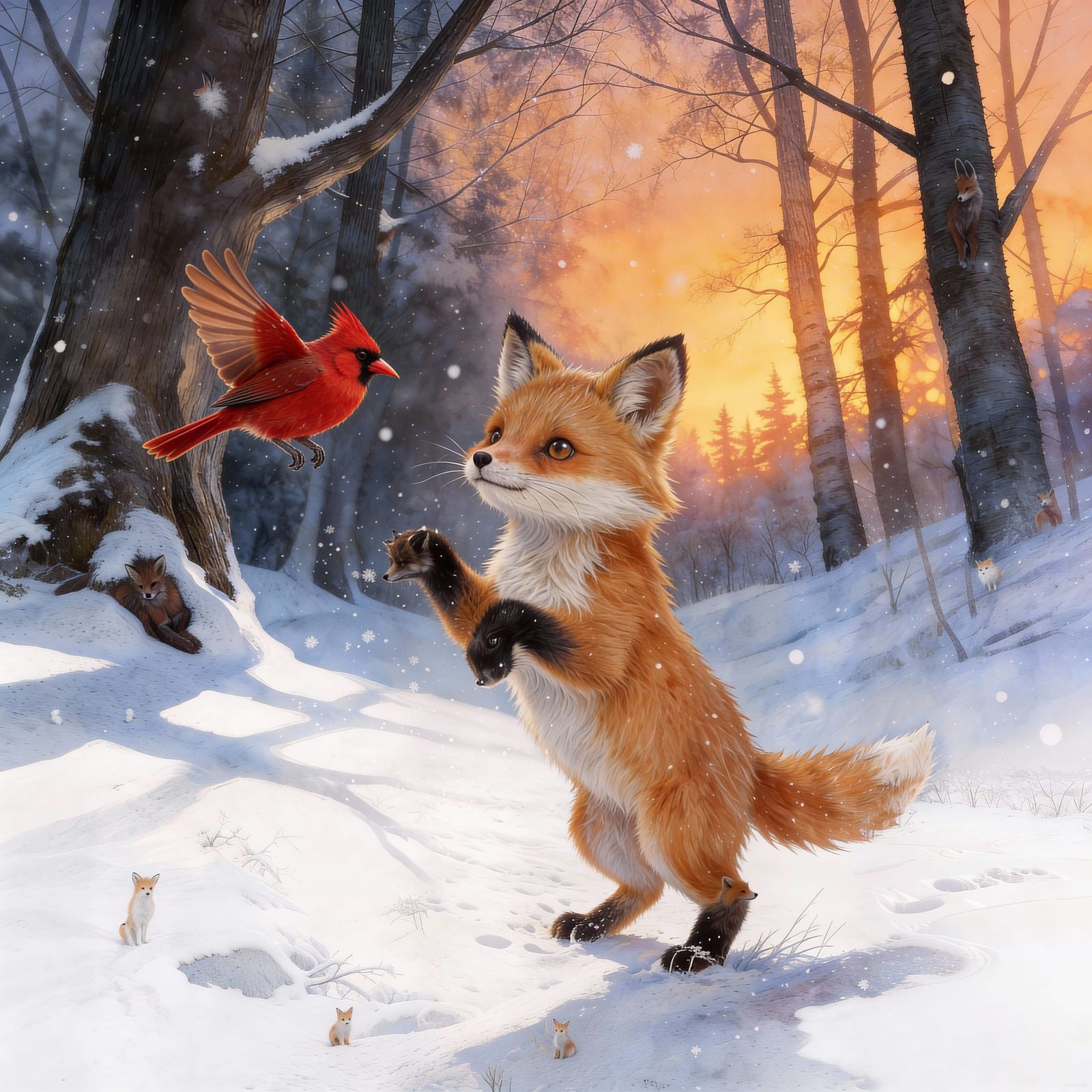 Whimsical Fox in Snowy Twilight Woods