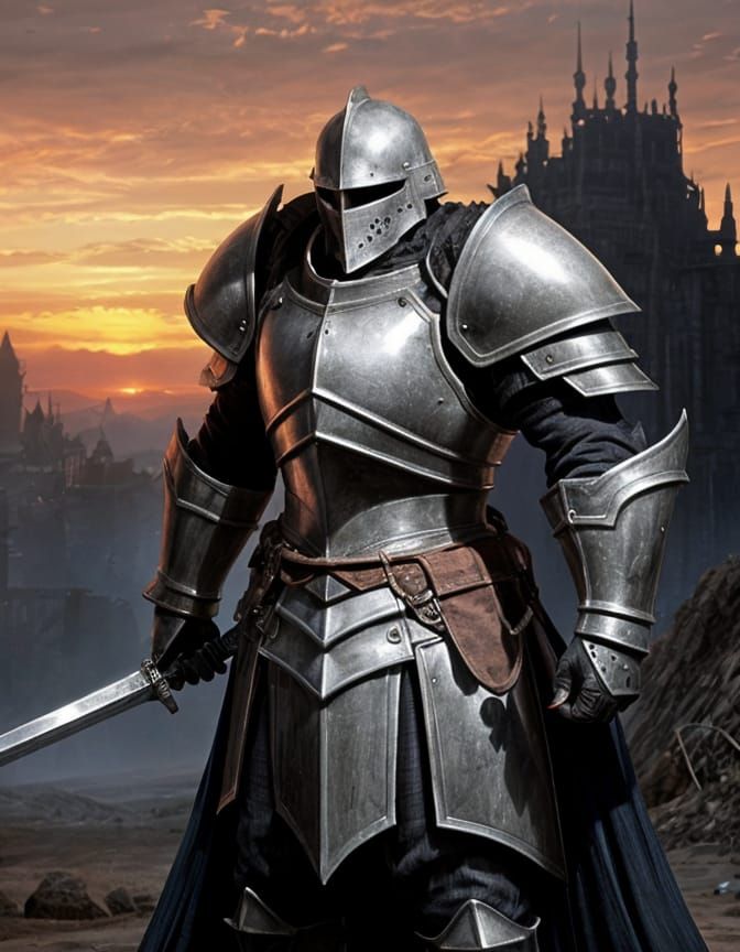 Grimdark Knight Kneeling in Wasteland at Sunset