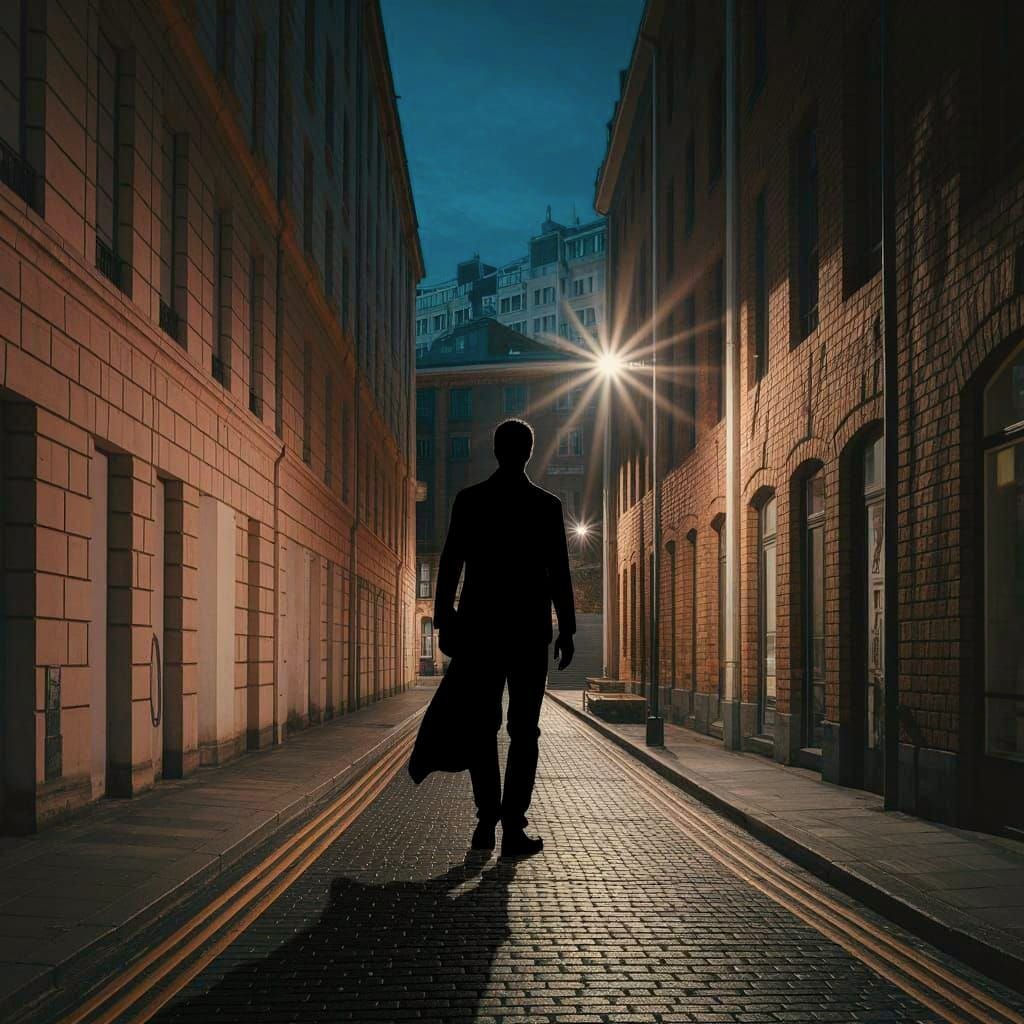 Solitary Figure Walking Down Cobblestone Street at Night