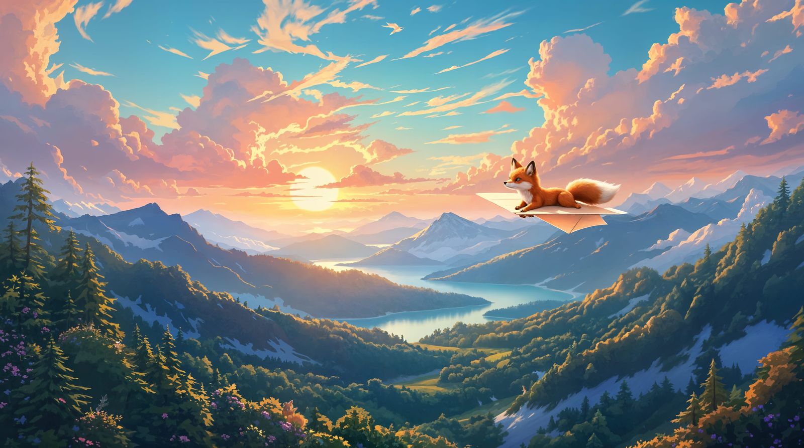 Whimsical Sunset Flight of the Paper Fox in Vibrant Fantasy ...