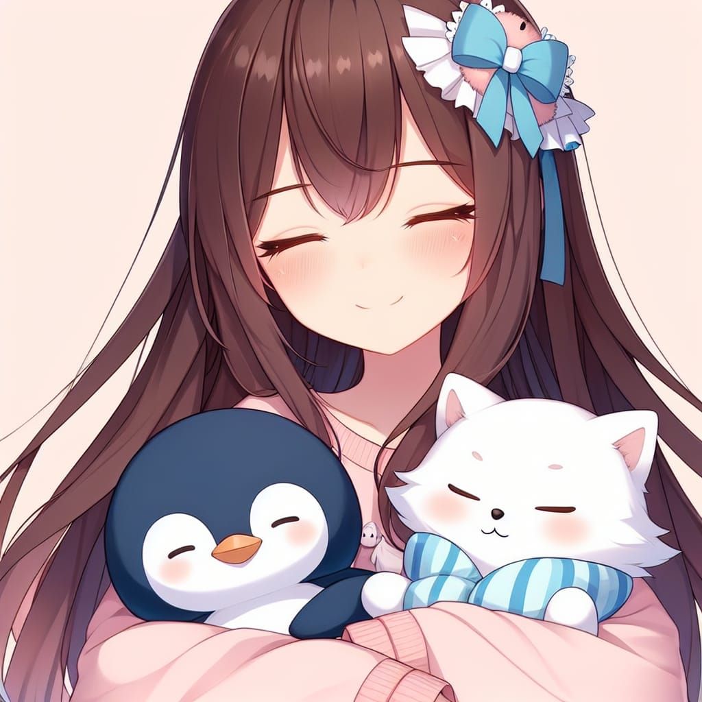 Anime Girl and Wolf Cuddling a Penguin Plushie