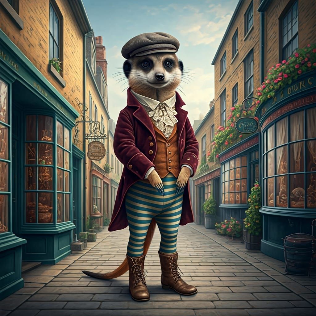 Whimsical Meerkat on English High Street, Watercolor Style