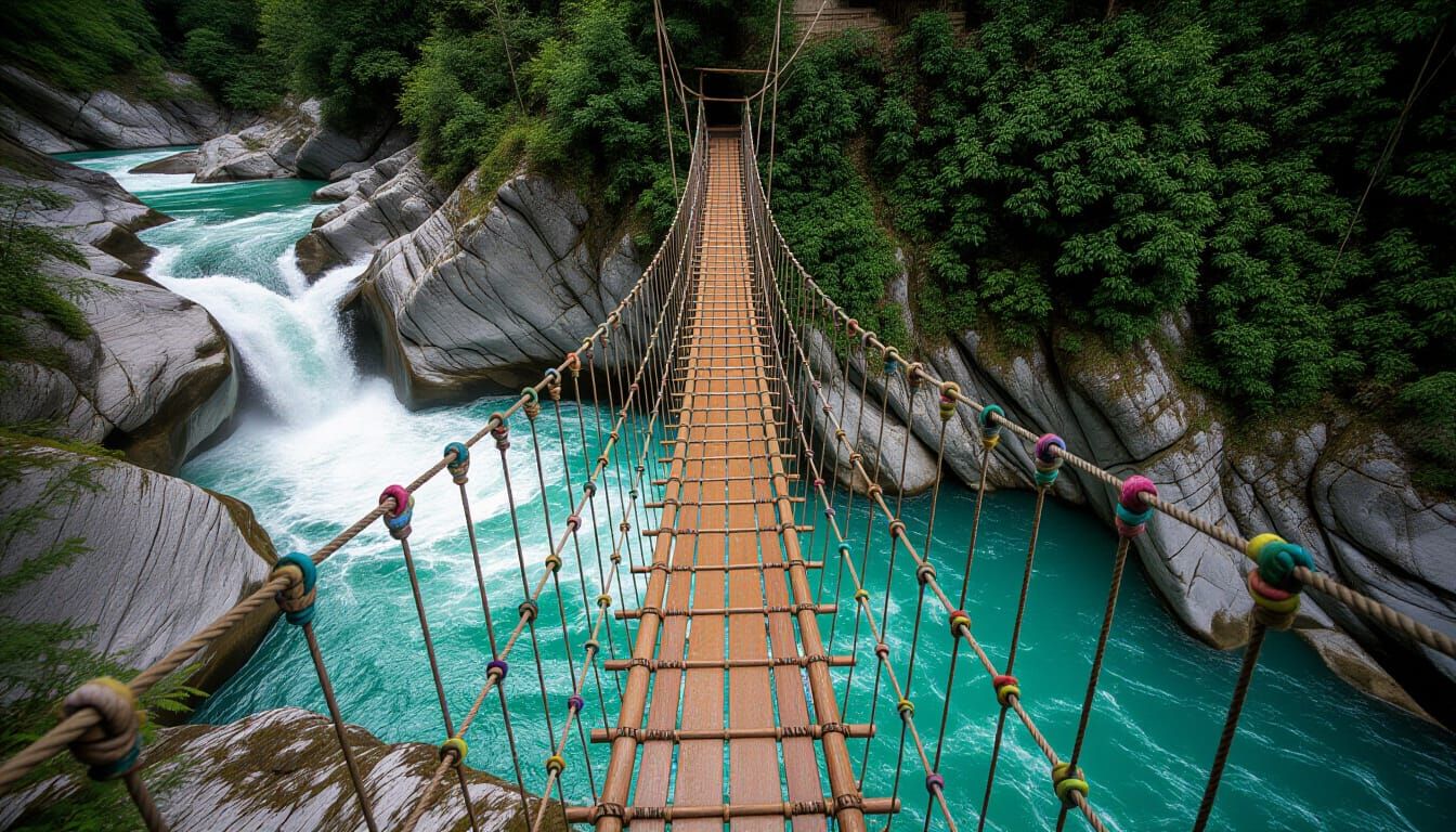 Beaded Rope Bridge over Raging River Gorge
