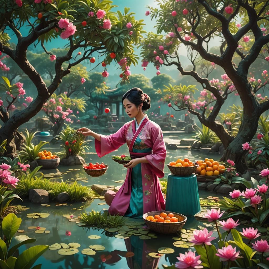 Vietnamese Lady Picking Fruit in Vibrant Fantasy Garden