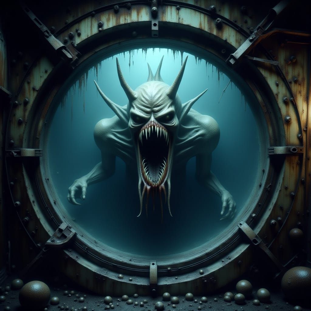 Grotesque Sea Monster Stares Through Submarine Window