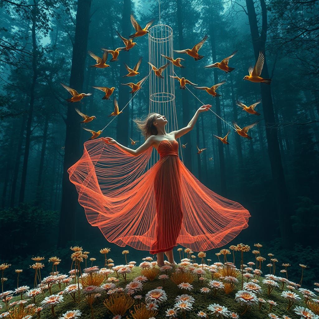 String Woman Dancing with Birds in Floral Network