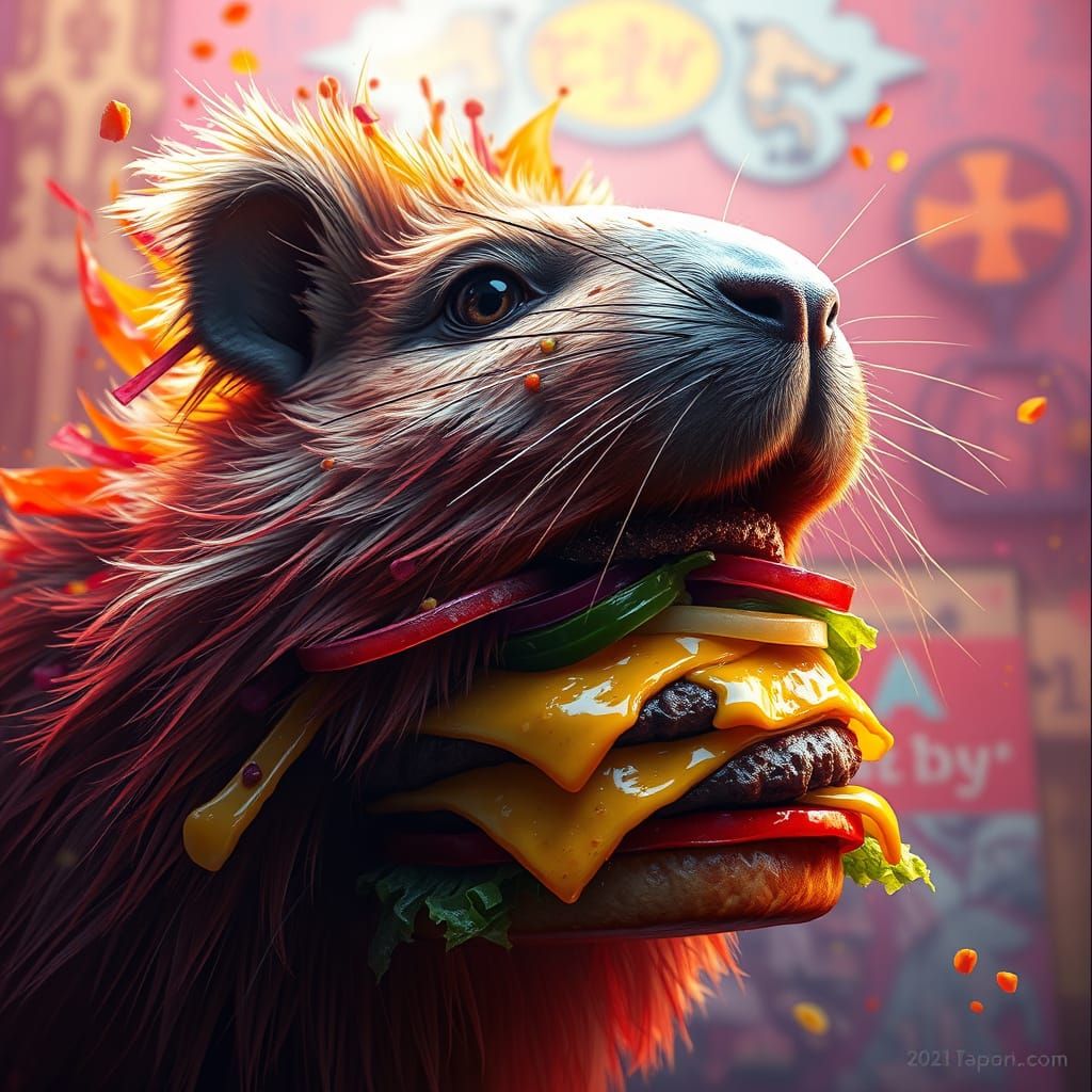 Capybara Burger Fusion in Hyperrealistic Splash Art