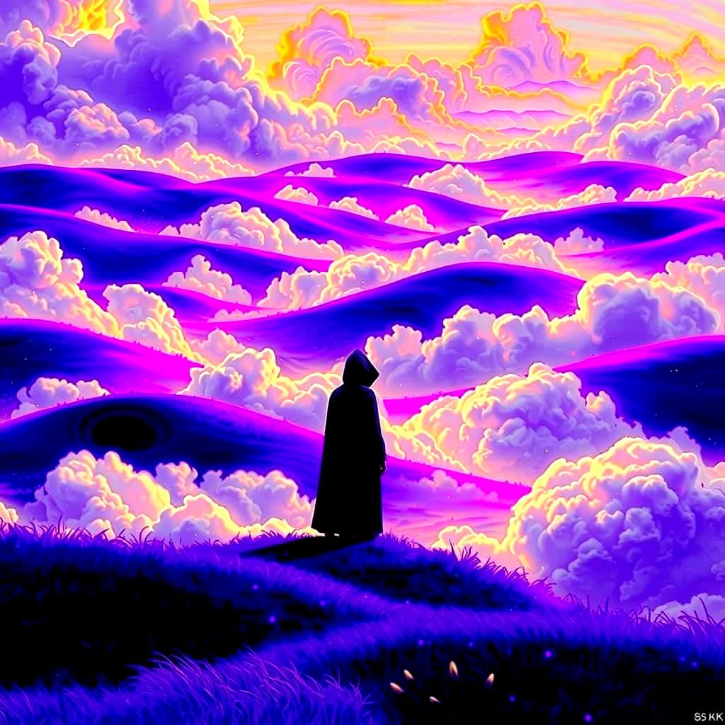 Fantastical Figure on Purple Moorlands with Ice Cream Clouds