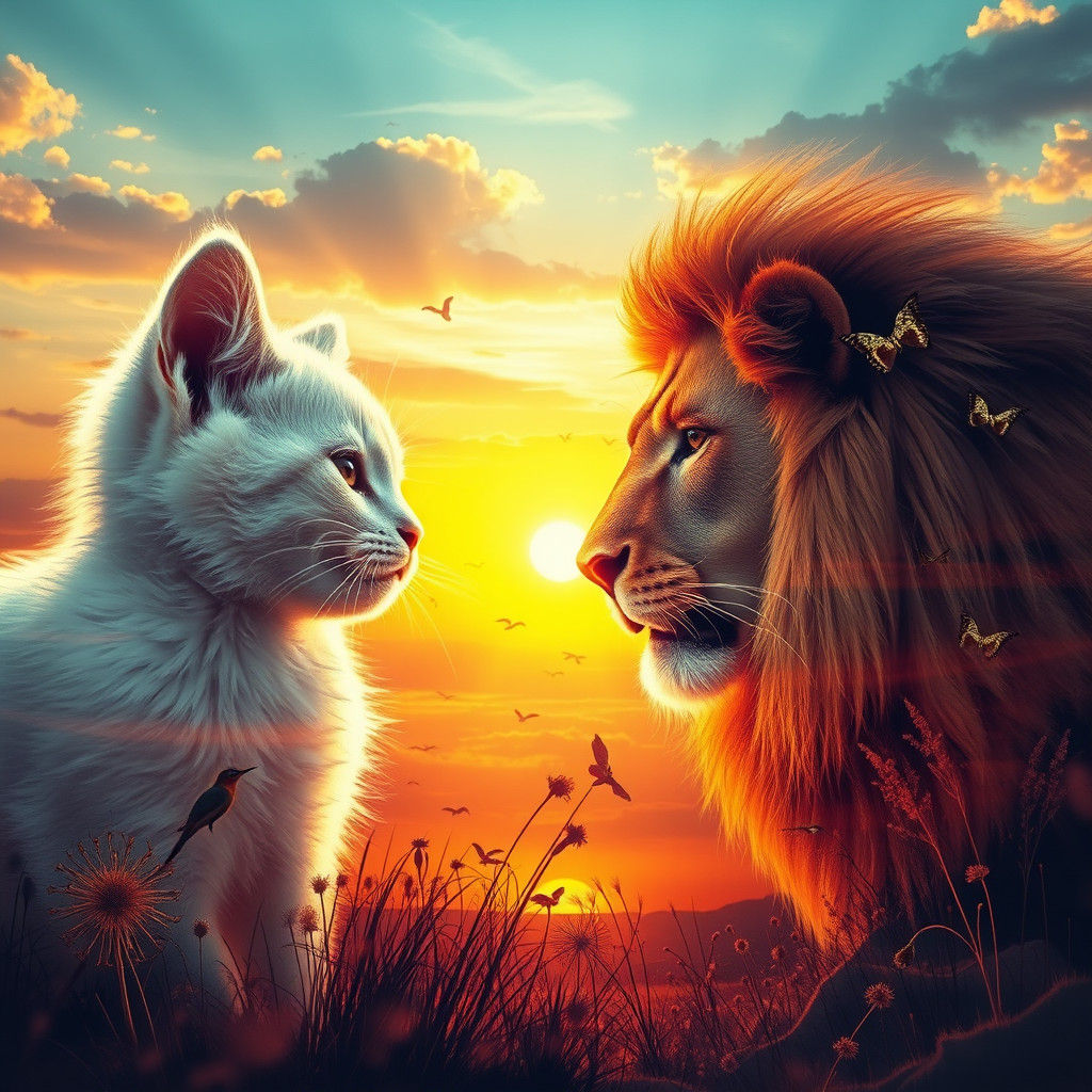 Kitten and Lion Double Exposure Collage Art