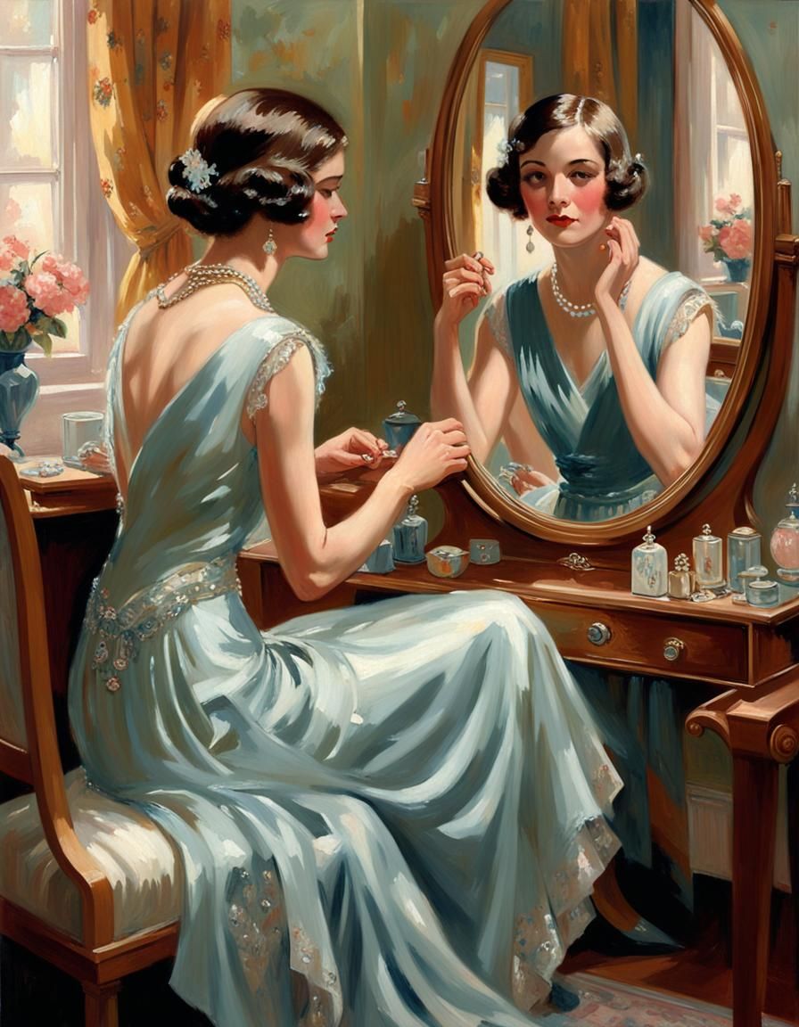 looking at the mirror, arranging my hair, woman, vintage, 1920s, gown, jewlery, vintage vanity mirror, sitting, Richard ...