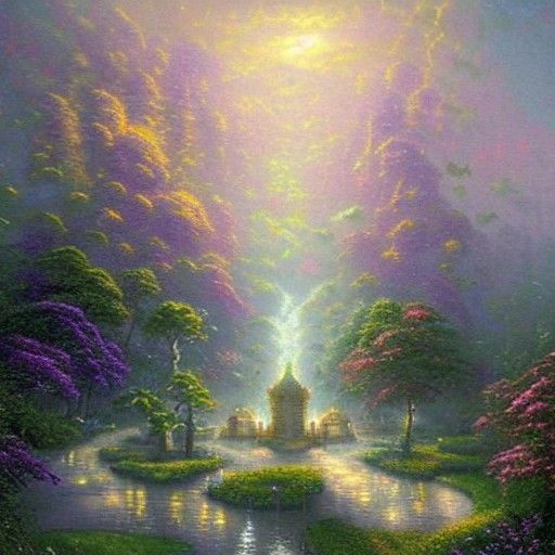 Ethereal Keyhole City in a Thomas Kinkade Style