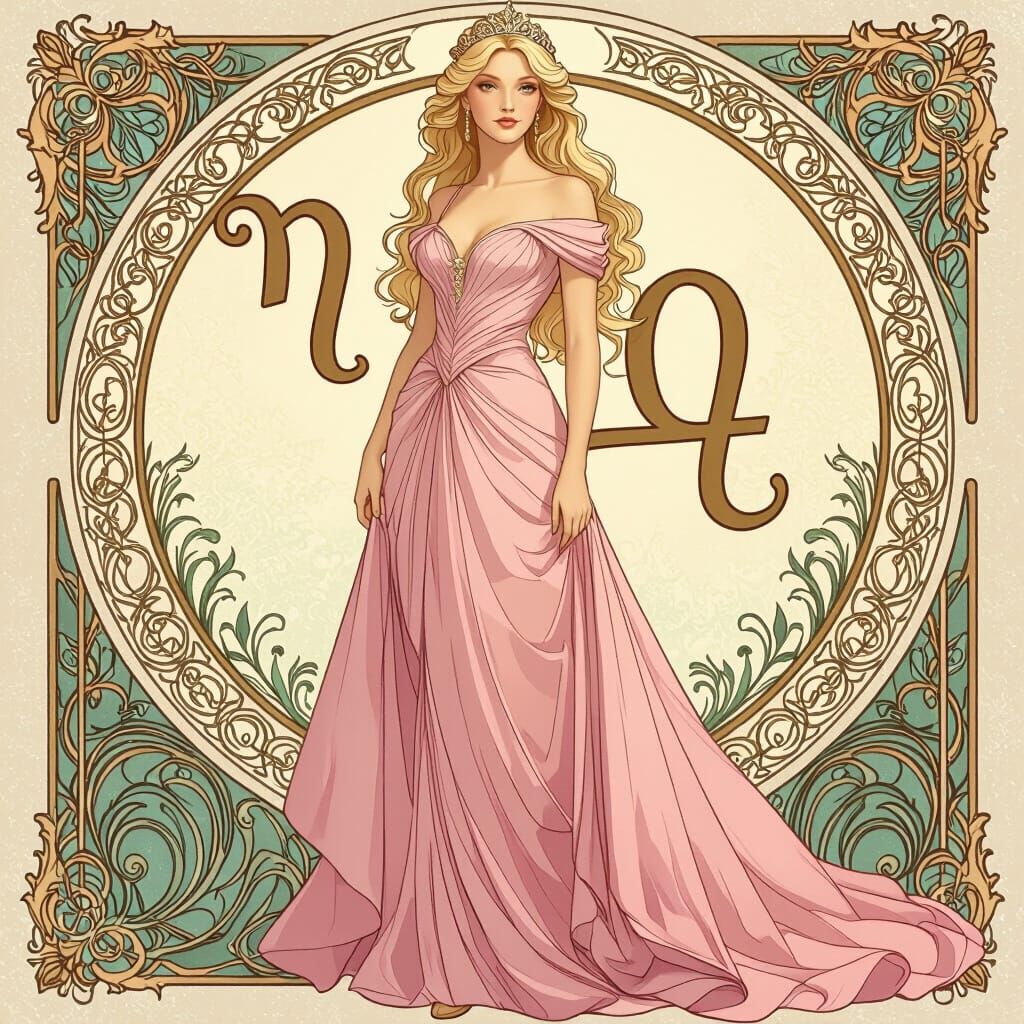 Elegant Blonde Princess as Virgo Zodiac in Art Nouveau Style