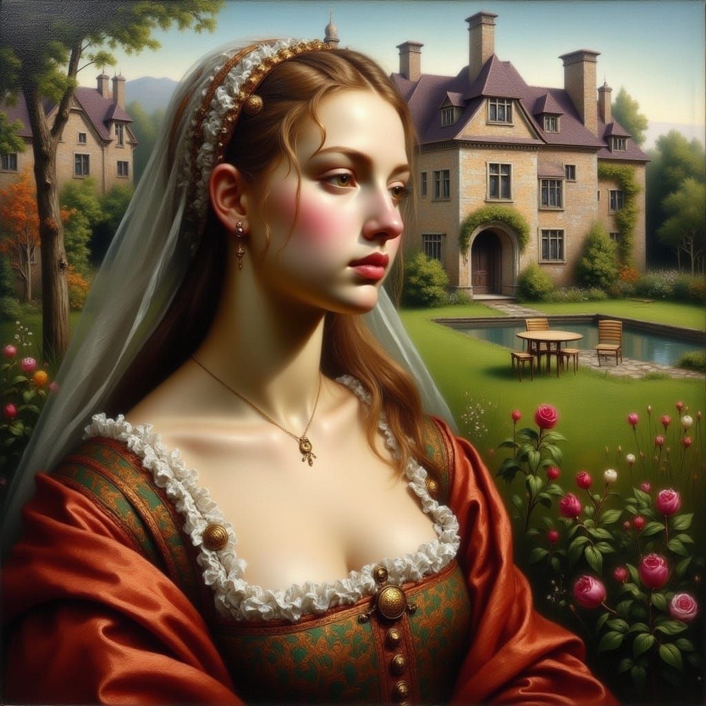 16th Century Noble Woman in Garden, Oil Painting