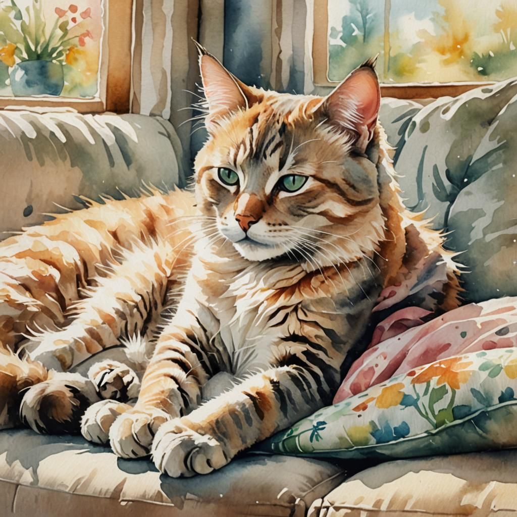 Whimsical Watercolor Kitty Sleeping on Sofa