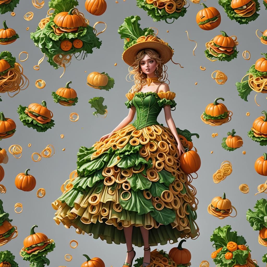 Pasta Gown with Lettuce Shoes and Pumpkin Hat