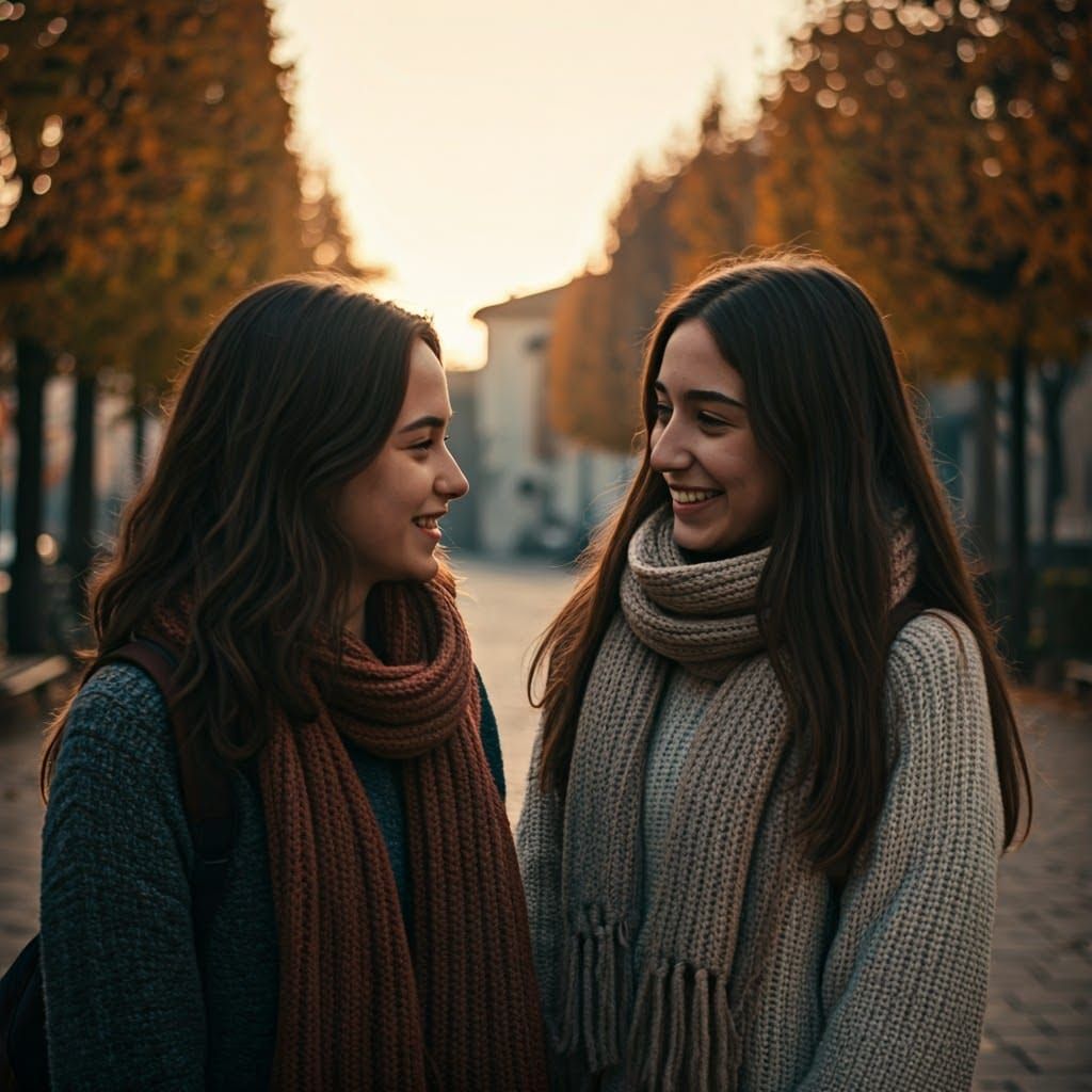Italian Girls Await Bus in Autumn Sunrise