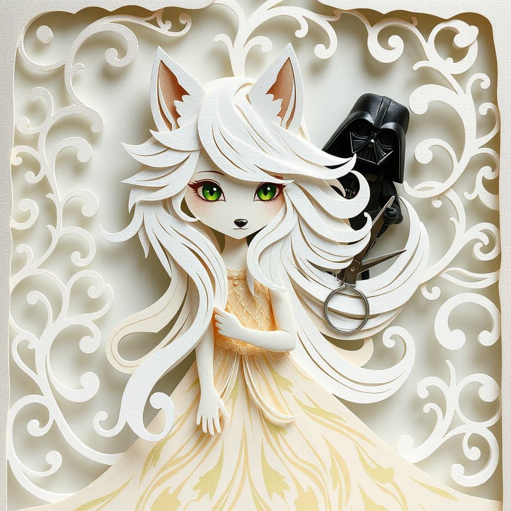 Whimsical Wolf Girl in Cut-Paper Kirigami Art