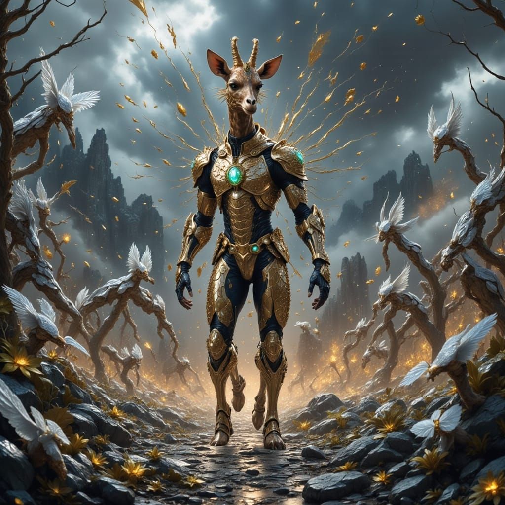 Armored Battle Giraffe on Storm-Lit Battlefield