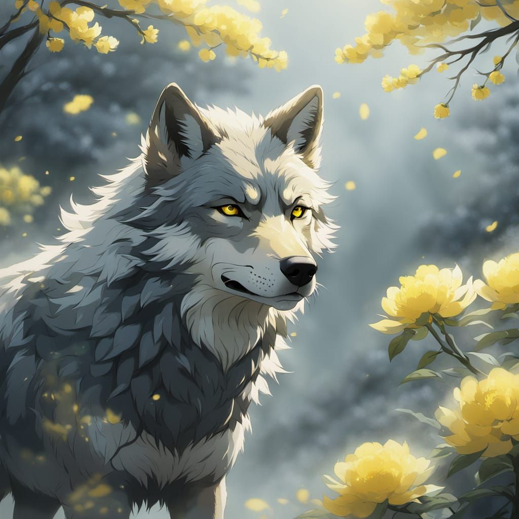 Anime Wolf with Blossoms in Ghibli Style