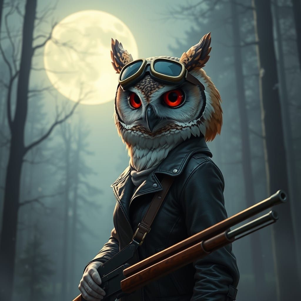 Anthropomorphic Barn Owl Pilot in Moonlit Forest