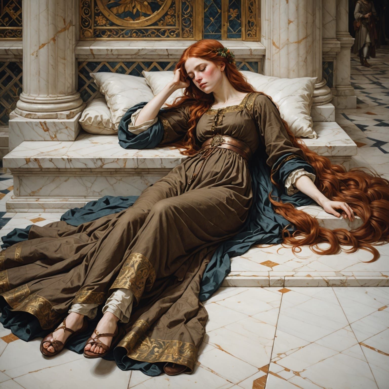 Surreal Medieval Scene of a Woman Sleeping on Marble