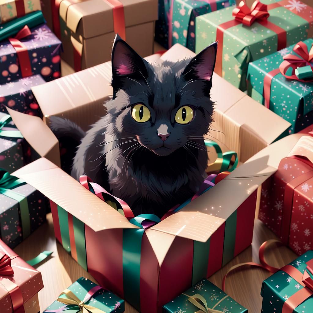 Black Cat in Whimsical Christmas Wonderland
