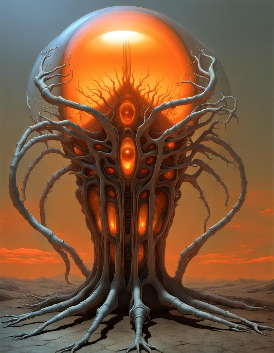 Silicon lifeform with an orange glow from its center and translucent crystal body and limbs.