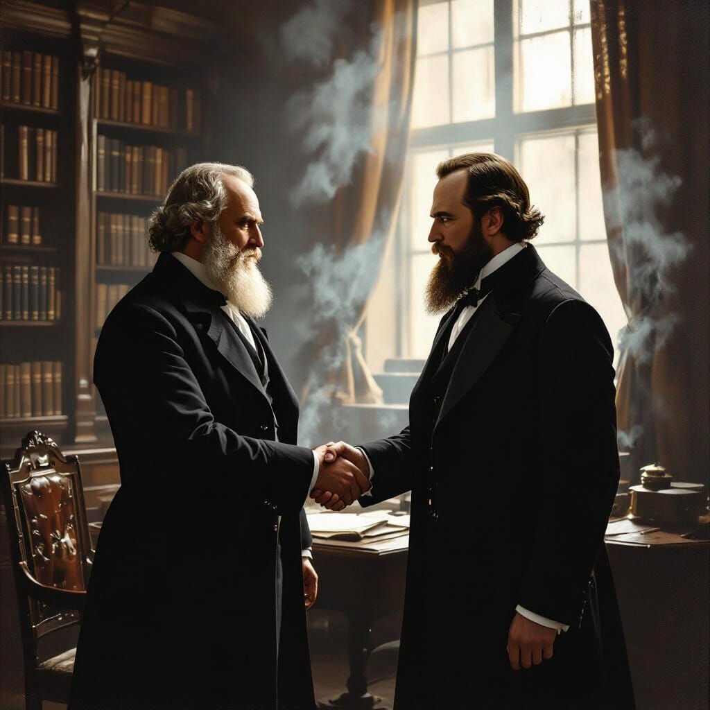 Tolstoy and Dostoevsky Handshake in Dramatic Lighting