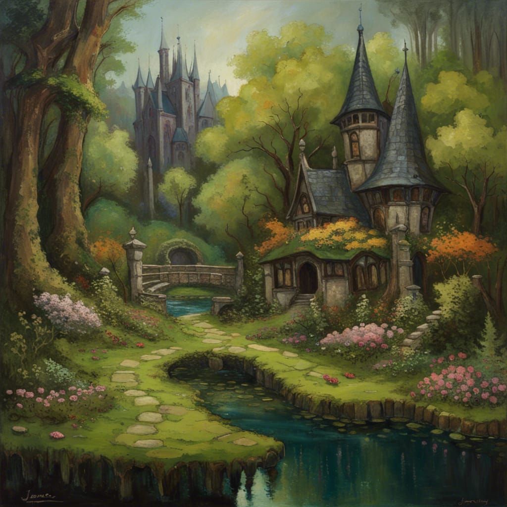 High Gothic Town in Springtime Forest