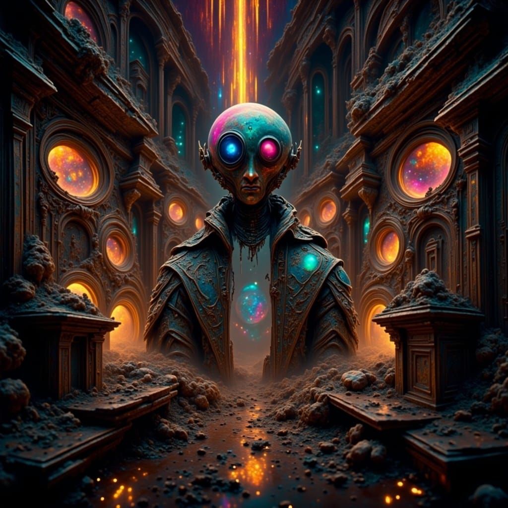 Eerie Alien Floats Through Ghost Town in Neon Style