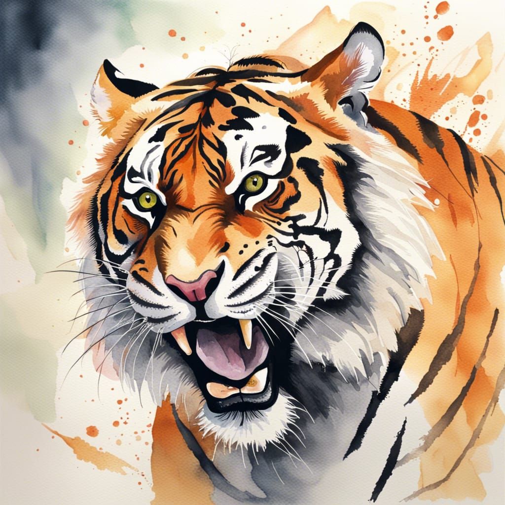 Watercolor Tiger Roaring with Detailed Background